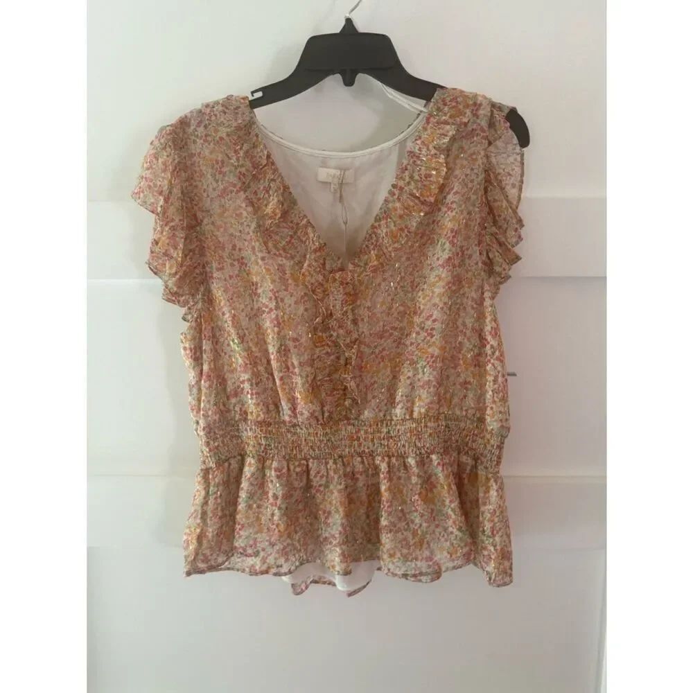 Parker Floral Ruffle V-Neck Smocked Waist Blouse Pink Gold Multi Peplum